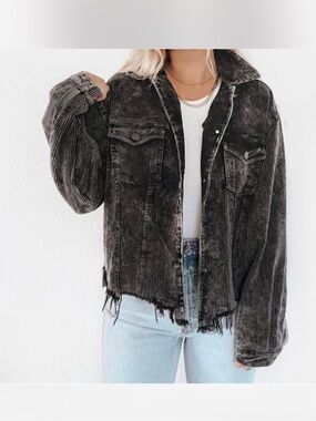 NWT Women's Washed Black Corduroy Jacket with Distressed Hem L